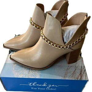Women's Cutout Ankle Booties Boots With Gold‎ Chain Almond Toe Western Style